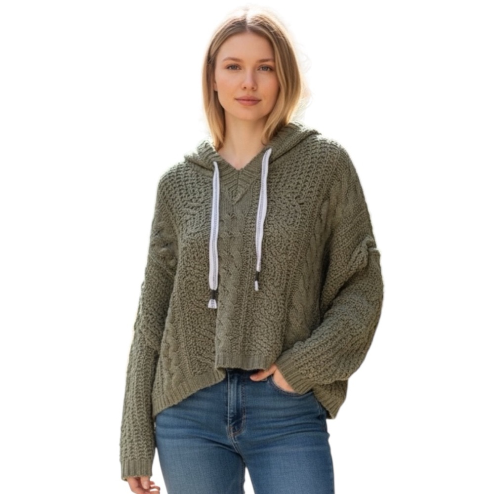 Pol Oversize Olive Green Chunky Knit Olive Sweater with Hoodie and Ties. Nubby